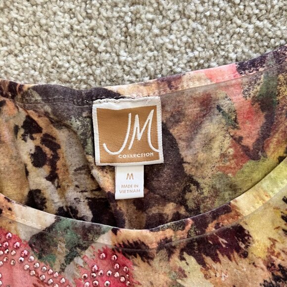 Y2k Floral & Cheetah Print Flowy Pink and Brown Rhinestones Top w Sheer Sleeves - Picture 7 of 10